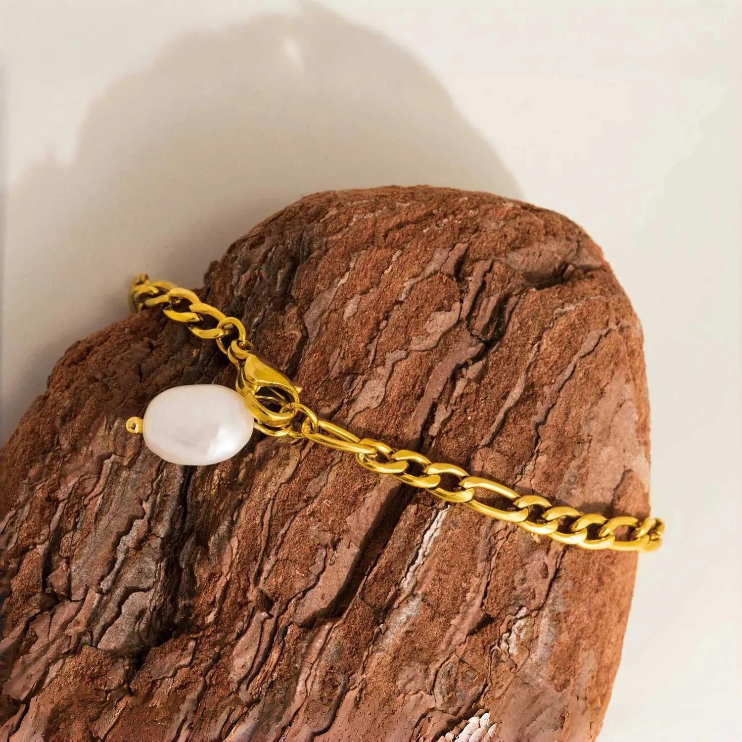 Pearl drop Figaro bracelet - Stainless steel bracelet with pearl charm