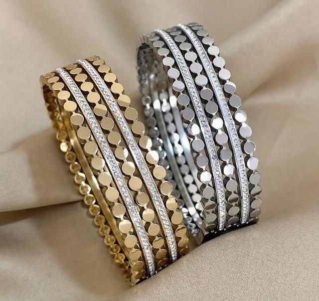 Chunk Bangle -  Stainless Steel Brangle Bracelets, Double Row Rhinestone Cuff