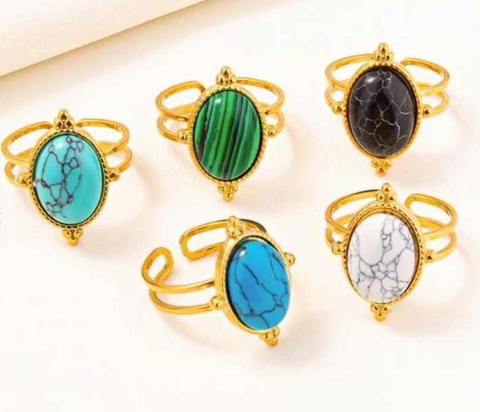 Gemstone Rings - Stainless Steel 18K Gold Plated Elegant Retro Lady Inlay Geometric  Gemstones Imitating Stone Open Rings