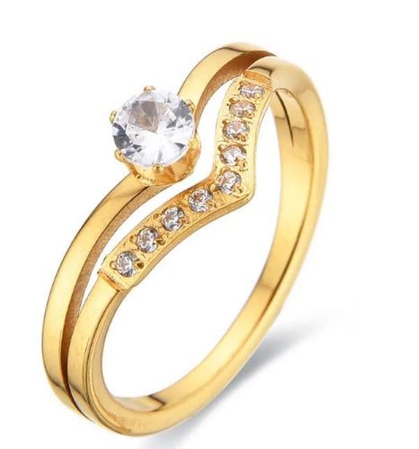 Wave Ring Stainless Steel Ring - Elegant Glamorous Gold Plated Zircon Inlay Hollow Out Design Unisex Jewelry