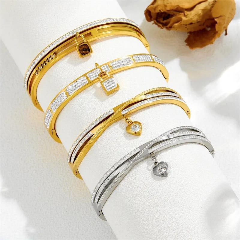 Key to my heart bangle- Stainless Steel Zircon Bangle In Bulk Padlock Gold