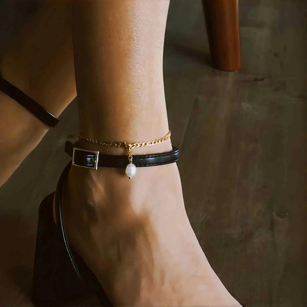 Pearl drop Figaro bracelet - Stainless steel bracelet with pearl charm