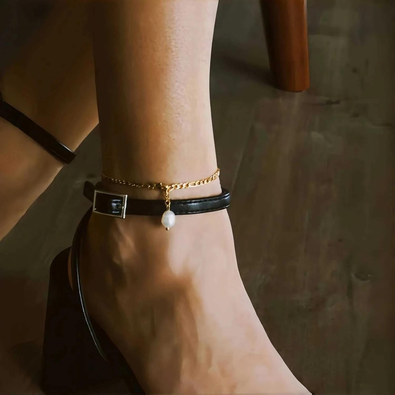 Pearl drop Figaro bracelet - Stainless steel bracelet with pearl charm