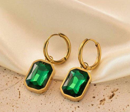 1pair European & American Style Golden Color Micro Inlaid Earrings, Stainless Steel Rectangular Cut Rhinestone Dangle Earrings Suitable For Girls And Women To Wear Daily