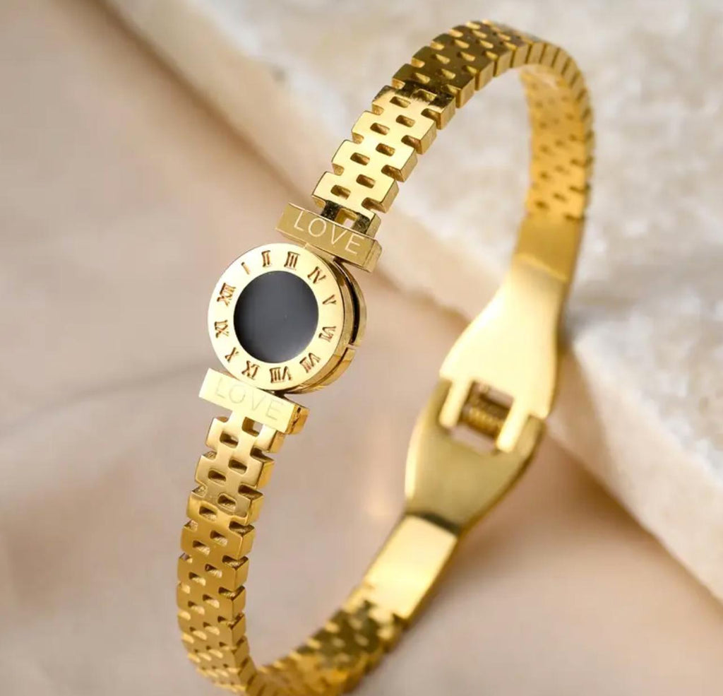 Roma Bangle - Stainless Steel Bracelet, Glittering Black Dial with Roman Numerals, Geometric Design