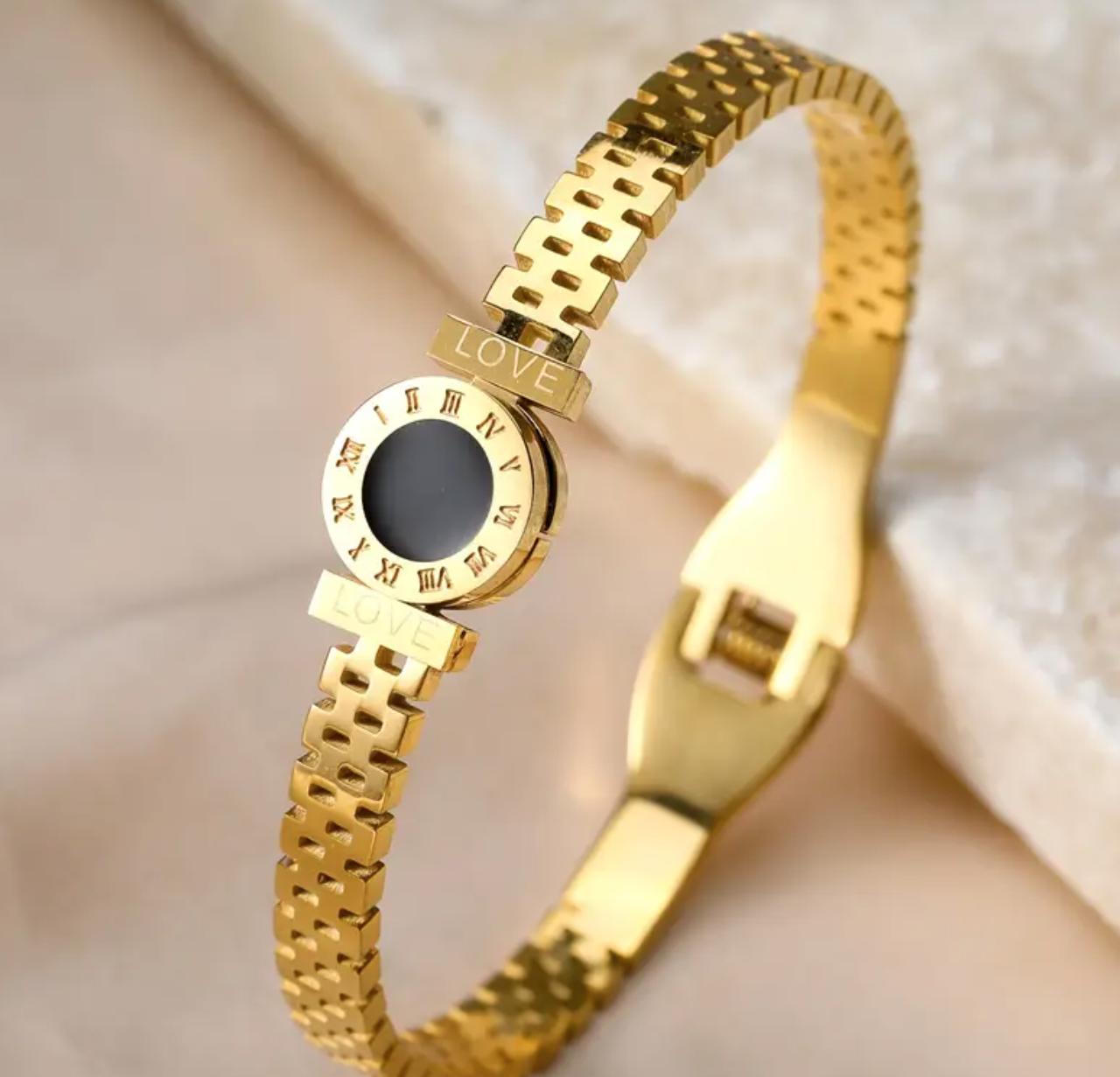 Roma Bangle - Stainless Steel Bracelet, Glittering Black Dial with Roman Numerals, Geometric Design