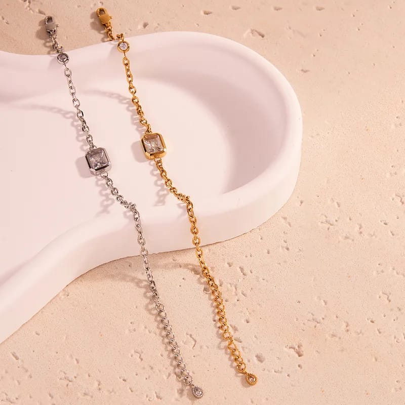 Elegant Simple Style Rectangle 304 Stainless Steel 14K Gold Plated Synthetic Zircon Cable Chain Bracelets In Bulk