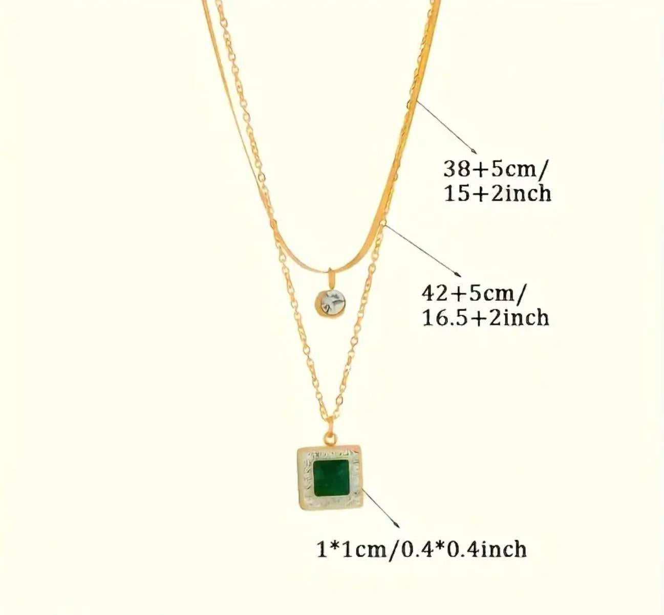 Square Pendant Necklace with Rhinestone Accents - Stainless Steel