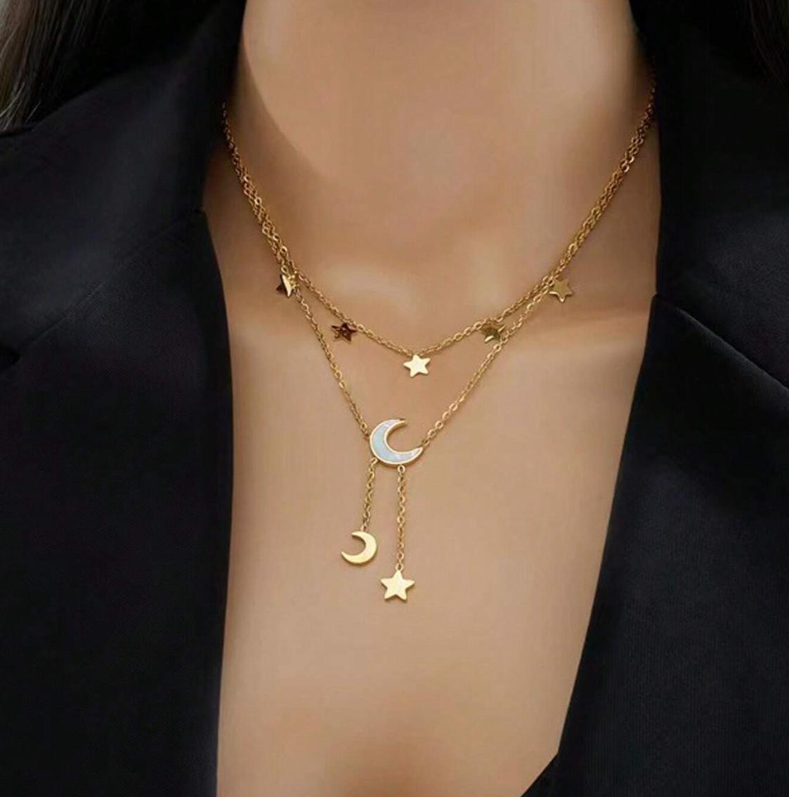 To Moon Necklace - White Shell Star & Moon Design Stainless Steel Tassel Pendant Necklace