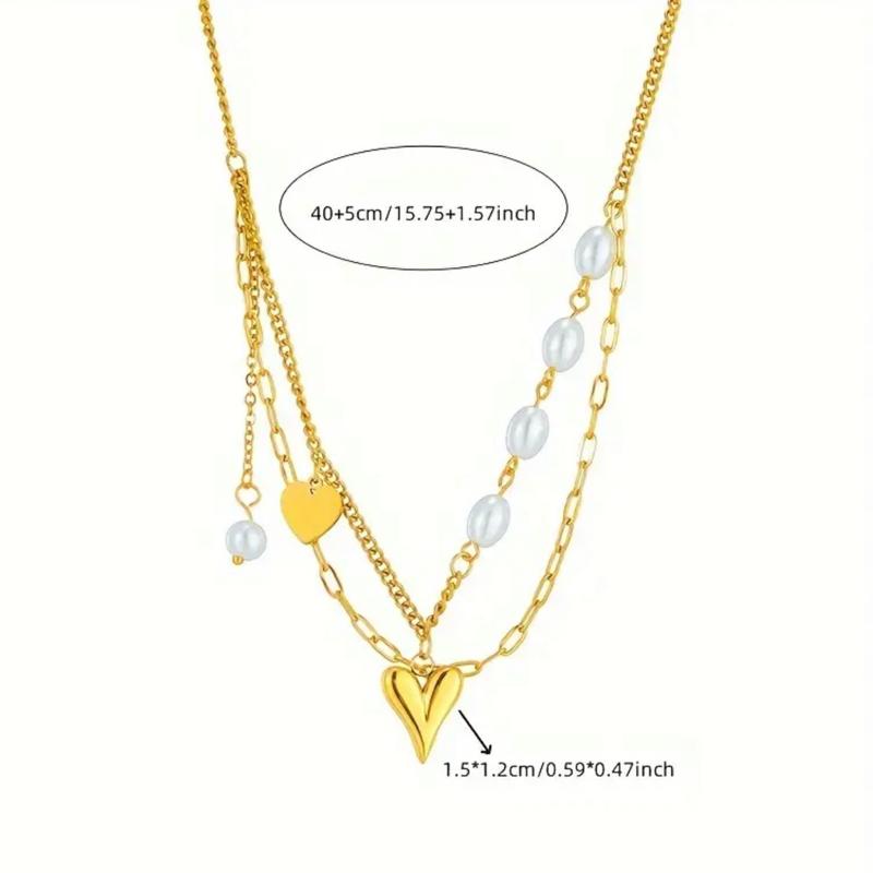Pearl Necklace - Stainless Steel Necklace Golden Heart Shaped White Beads Pendant Necklace Multi Layer Chain