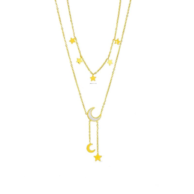 To Moon Necklace - White Shell Star & Moon Design Stainless Steel Tassel Pendant Necklace