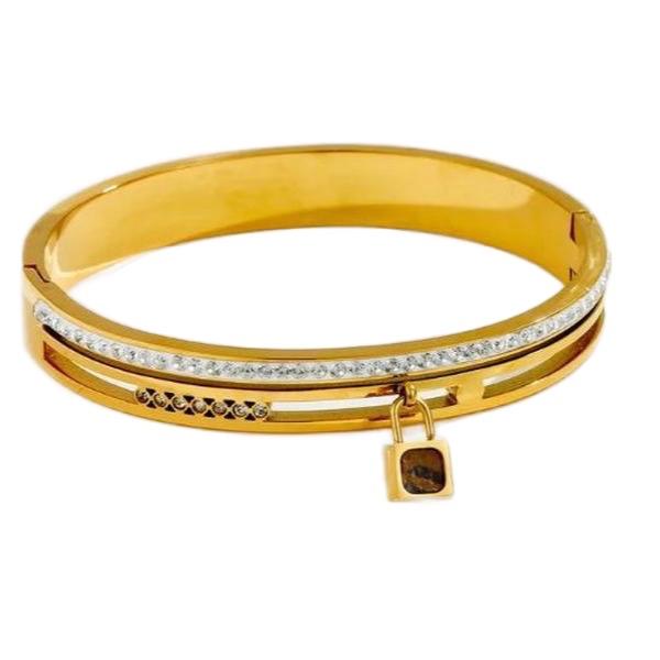 Lock Me Bangle - Stainless Steel Zircon Bangle  Padlock Gold S/M Wrist