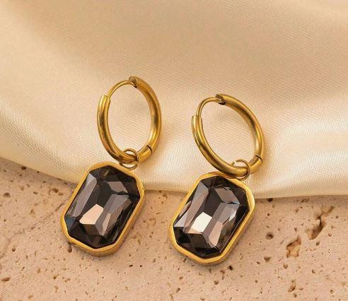 1pair European & American Style Golden Color Micro Inlaid Earrings, Stainless Steel Rectangular Cut Rhinestone Dangle Earrings Suitable For Girls And Women To Wear Daily