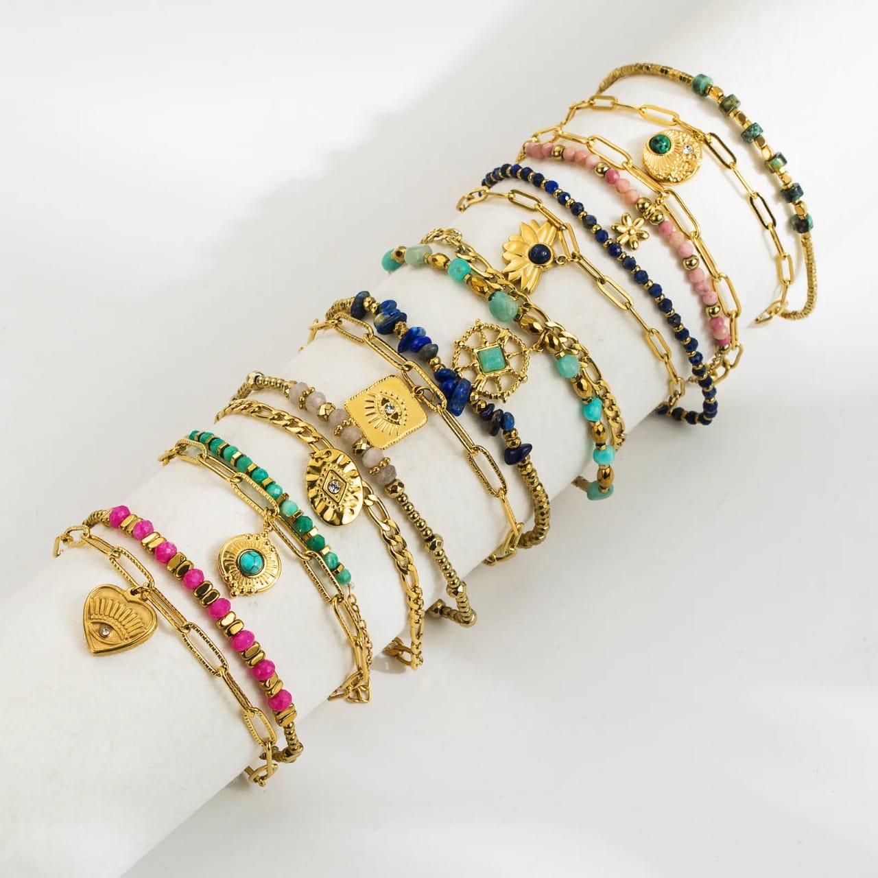 Natural Stone Beaded Stainless steel Plating Inlay Zircon 18k Gold Plated Bracelets