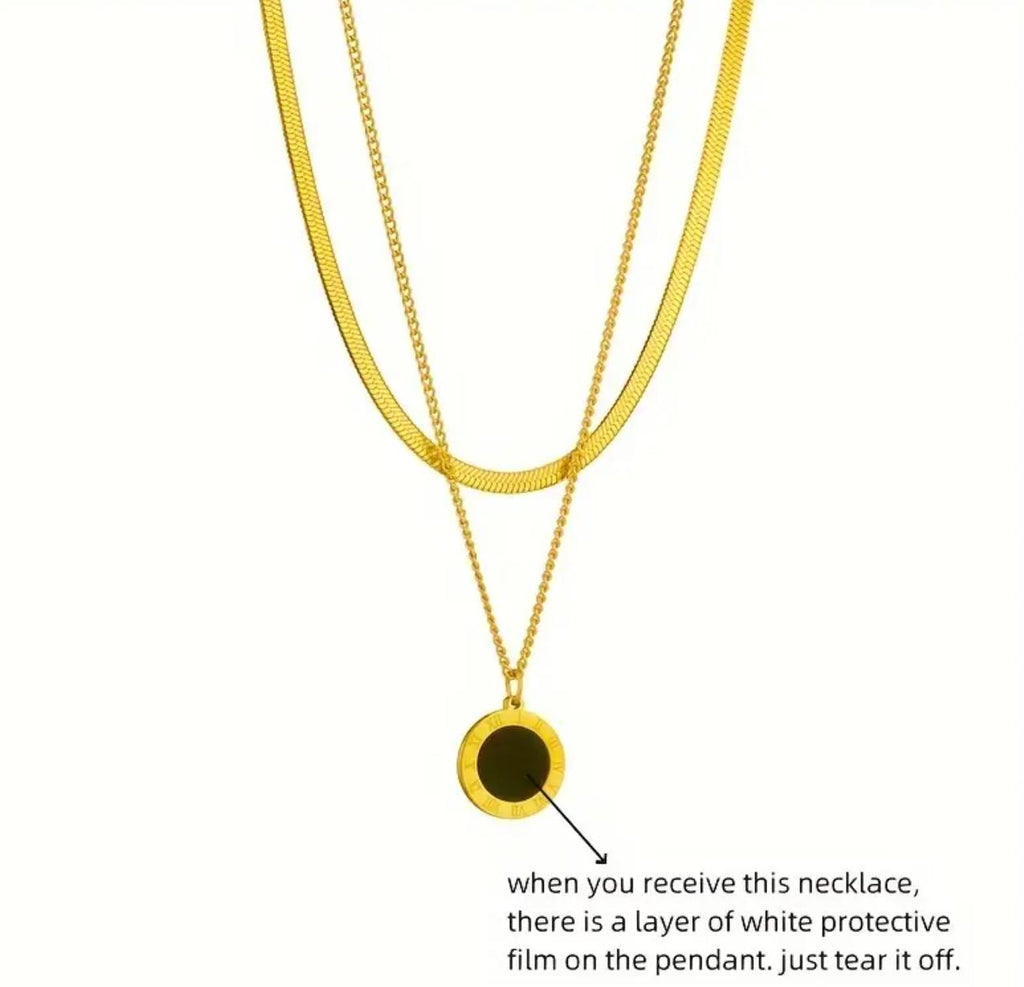 Roman 2 in 1 necklace - Golden Stainless Steel Necklace With Black Resin Inlay, Vintage Roman Numeral Coin Pendant Necklace