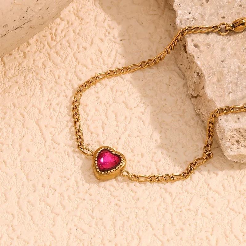 Pink heart Bracelet - stainless steel Figaro bracelet