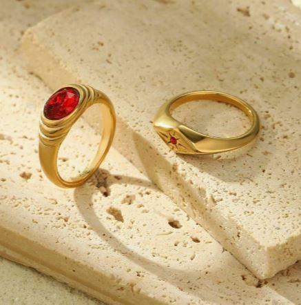 2pcs Stainless Steel Gold Heavy Duty And Oval Red Diamond Set, High-End Heavy Industry Rings For Women, Suitable For Parties, Daily Decorations Or Gifts