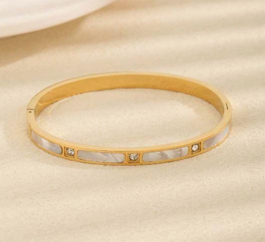 Mea bangle - Stainless Steel Shell Cuff Bracelet, Unique Design With Delicate Diamond Inlay