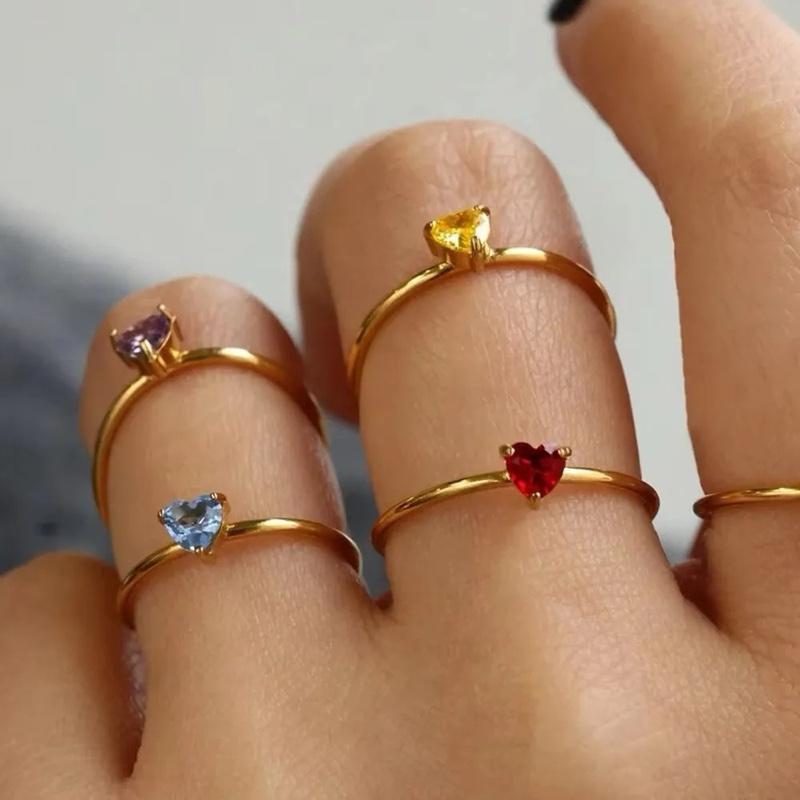 Heart Birthstone Ring - Adjustable Stainless Steel Waterproof Non Tarnish Open Rings
