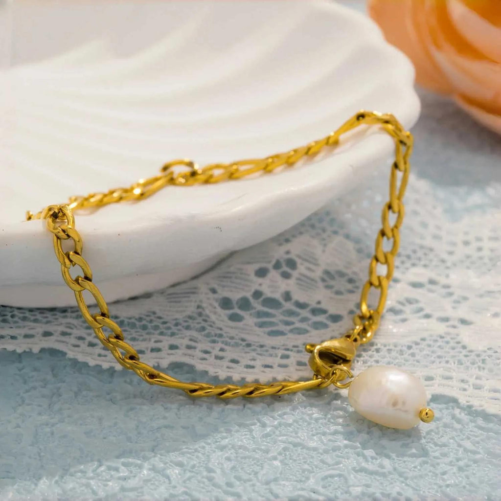 Pearl drop Figaro bracelet - Stainless steel bracelet with pearl charm