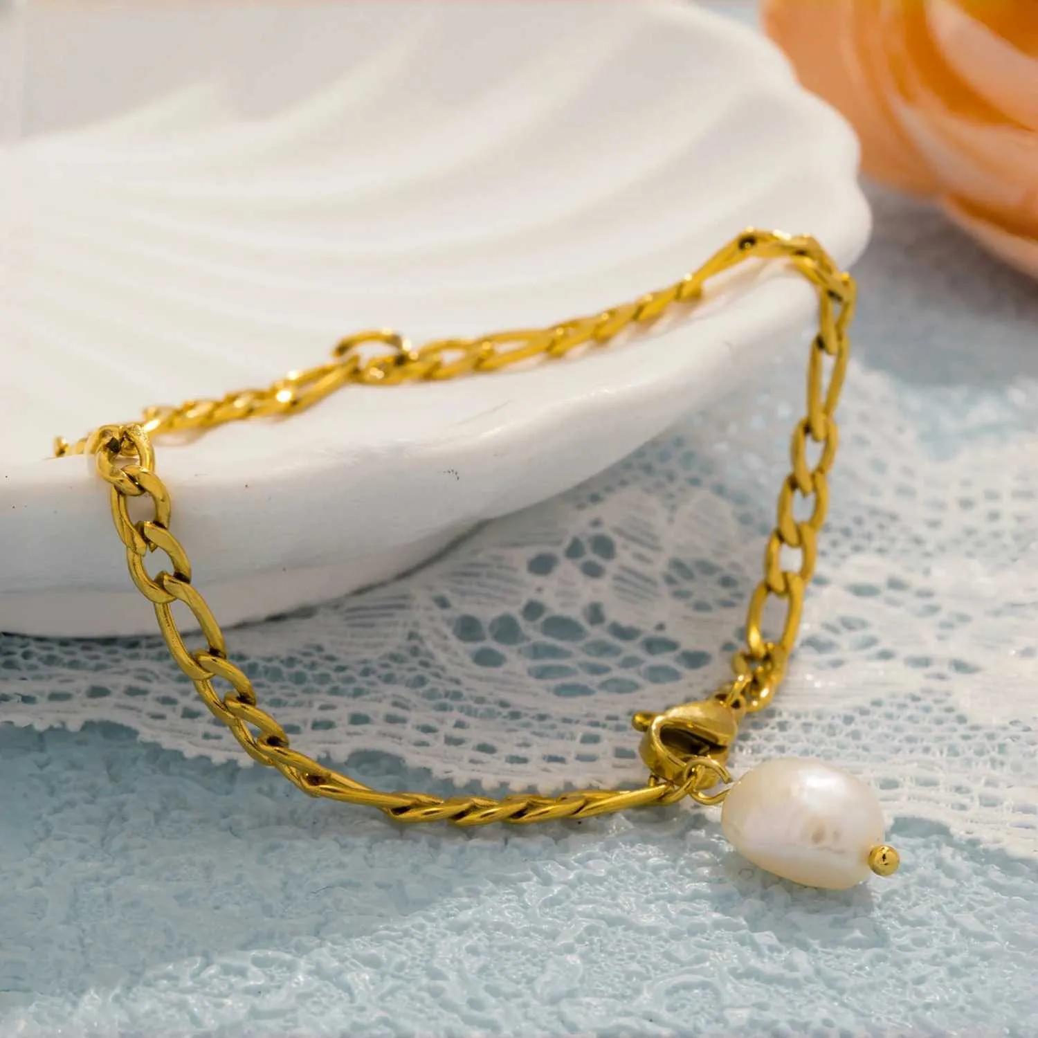 Pearl drop Figaro bracelet - Stainless steel bracelet with pearl charm