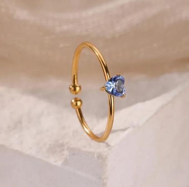 Heart Birthstone Ring - Adjustable Stainless Steel Waterproof Non Tarnish Open Rings
