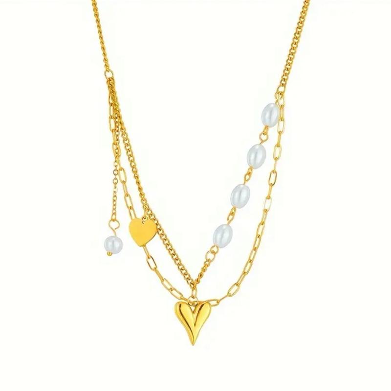 Pearl Necklace - Stainless Steel Necklace Golden Heart Shaped White Beads Pendant Necklace Multi Layer Chain