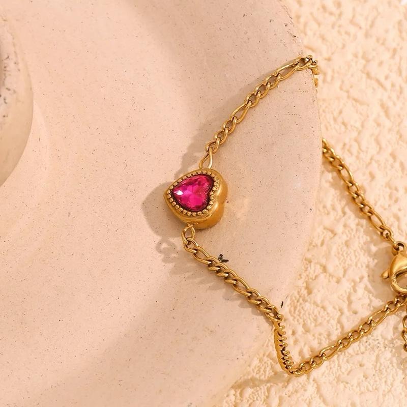 Pink heart Bracelet - stainless steel Figaro bracelet