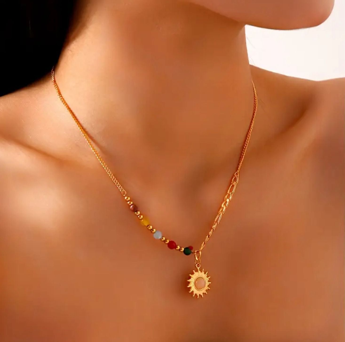 Natural Sunstone Pendant Necklace In Stainless Steel