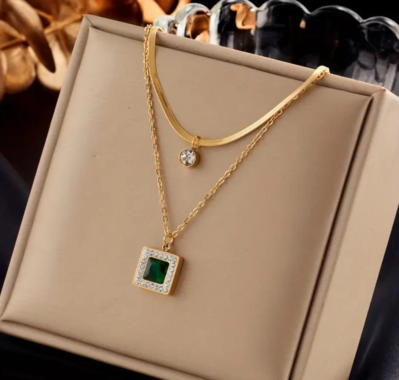 Square Pendant Necklace with Rhinestone Accents - Stainless Steel