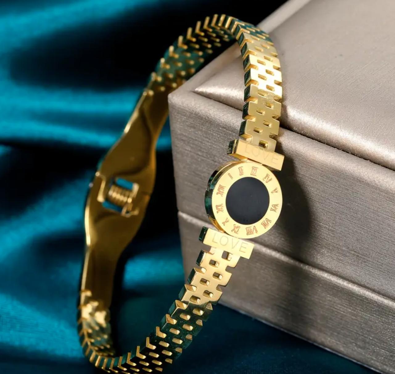 Roma Bangle - Stainless Steel Bracelet, Glittering Black Dial with Roman Numerals, Geometric Design