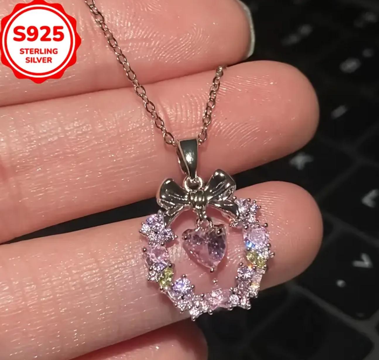 Bow Heart Necklace - 925 Silver Plated Necklace with Synthetic Zirconia, Love Wreath & Bowknot Design, Versatile Sweater Chain for Women