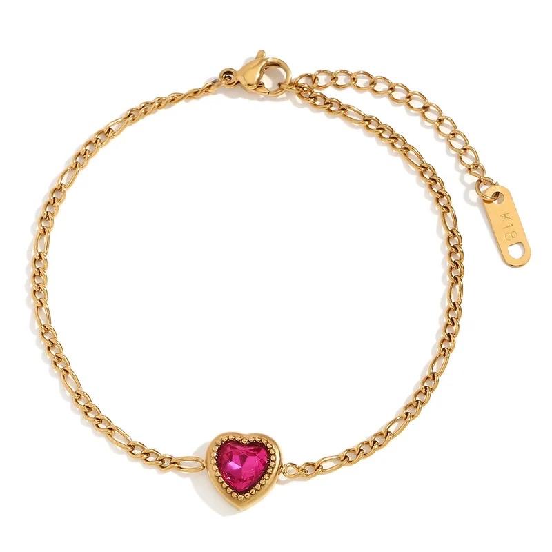 Pink heart Bracelet - stainless steel Figaro bracelet
