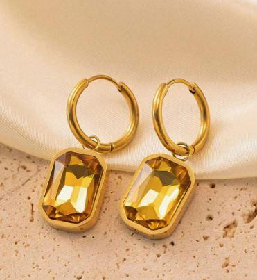 1pair European & American Style Golden Color Micro Inlaid Earrings, Stainless Steel Rectangular Cut Rhinestone Dangle Earrings Suitable For Girls And Women To Wear Daily
