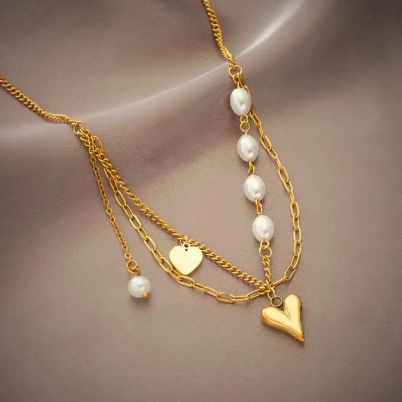 Pearl Necklace - Stainless Steel Necklace Golden Heart Shaped White Beads Pendant Necklace Multi Layer Chain