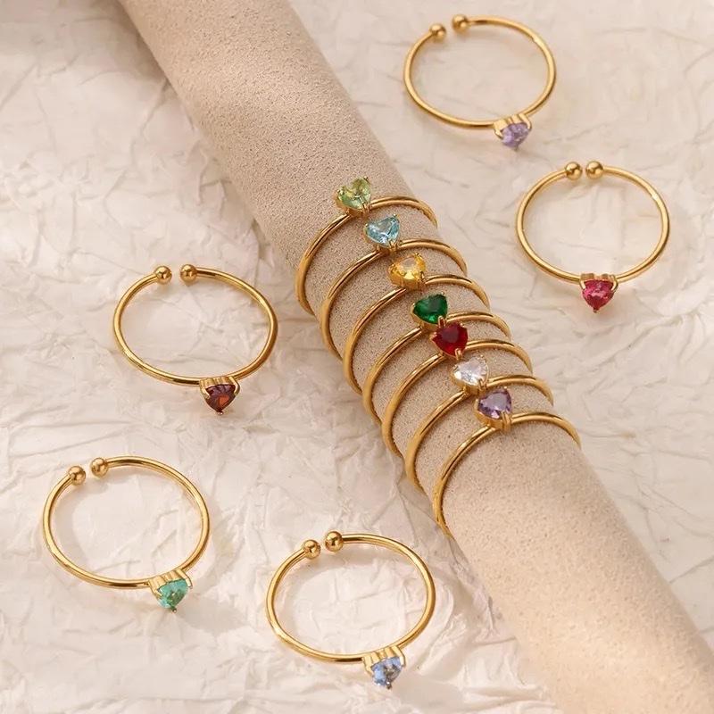 Heart Birthstone Ring - Adjustable Stainless Steel Waterproof Non Tarnish Open Rings