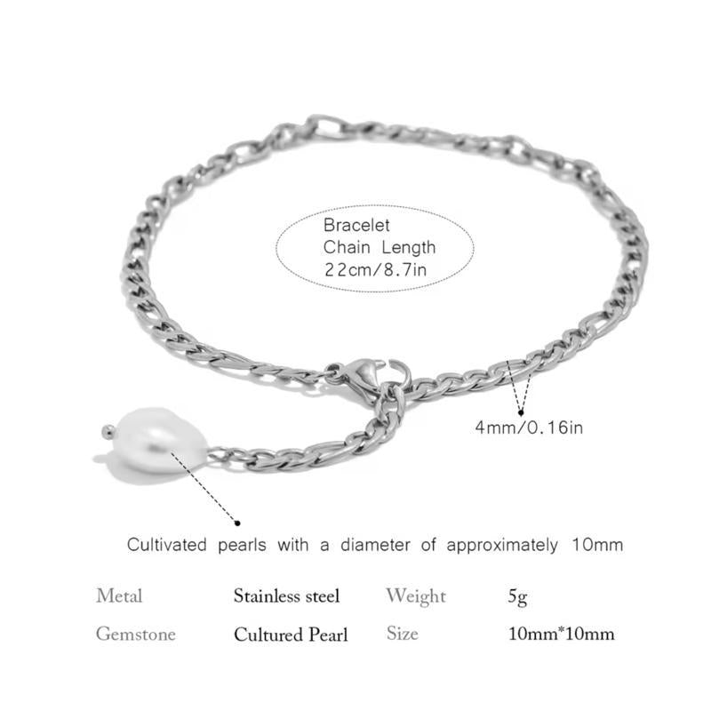 Pearl drop Figaro bracelet - Stainless steel bracelet with pearl charm