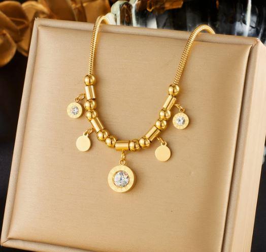 Stainless Steel Golden Chain Necklace with Roman Numerals | Rhinestone Pendants & Heart Charms | Classic Academic Style | Versatile Daily Wear Jewelry for Women | Ideal Gift, Versatile Necklace | Rhinestone Embellishments | Polished Golden Finish