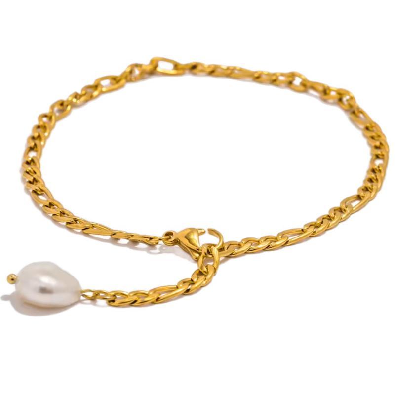 Pearl drop Figaro bracelet - Stainless steel bracelet with pearl charm