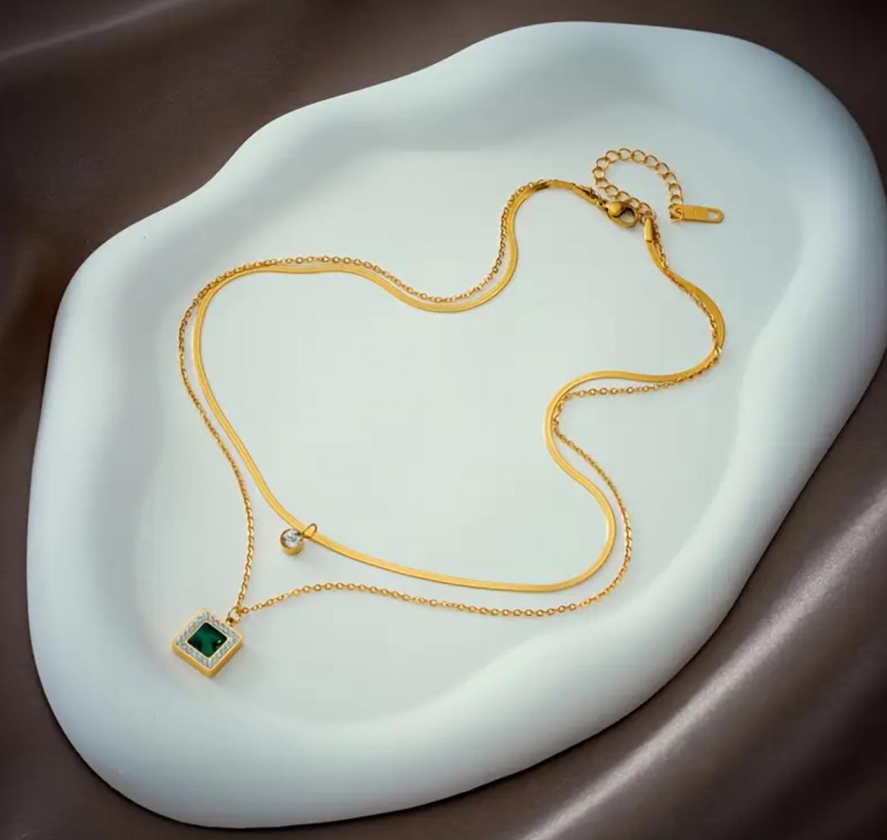 Square Pendant Necklace with Rhinestone Accents - Stainless Steel