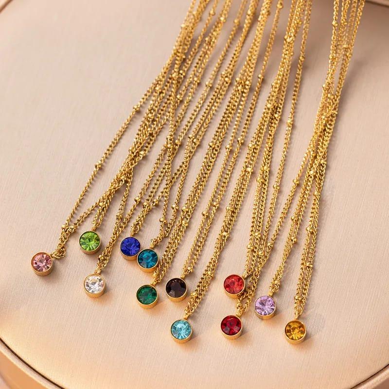 Birthstone Pendant Necklace beaded Cable Chain Stainless steel