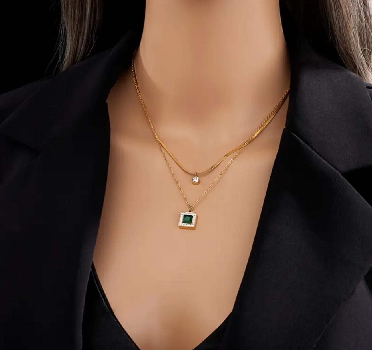 Square Pendant Necklace with Rhinestone Accents - Stainless Steel