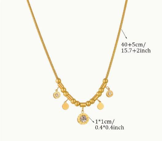 Stainless Steel Golden Chain Necklace with Roman Numerals | Rhinestone Pendants & Heart Charms | Classic Academic Style | Versatile Daily Wear Jewelry for Women | Ideal Gift, Versatile Necklace | Rhinestone Embellishments | Polished Golden Finish