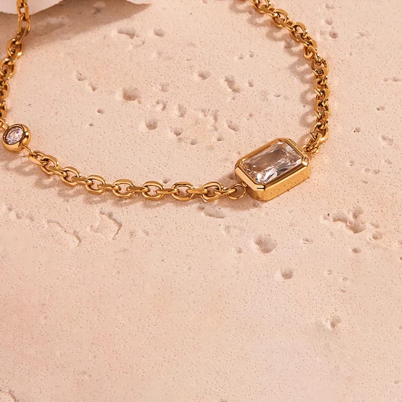 Elegant Simple Style Rectangle 304 Stainless Steel 14K Gold Plated Synthetic Zircon Cable Chain Bracelets In Bulk