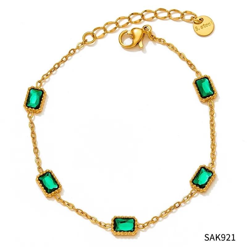 Hawa Necklace Bracelet Stainless Steel KDD093 Gold Chain with Green Gemstones Jewelry Set