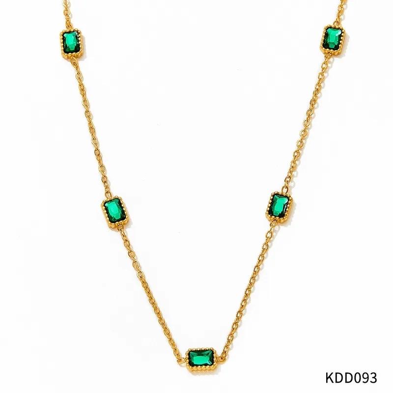 Hawa Necklace Bracelet Stainless Steel KDD093 Gold Chain with Green Gemstones Jewelry Set