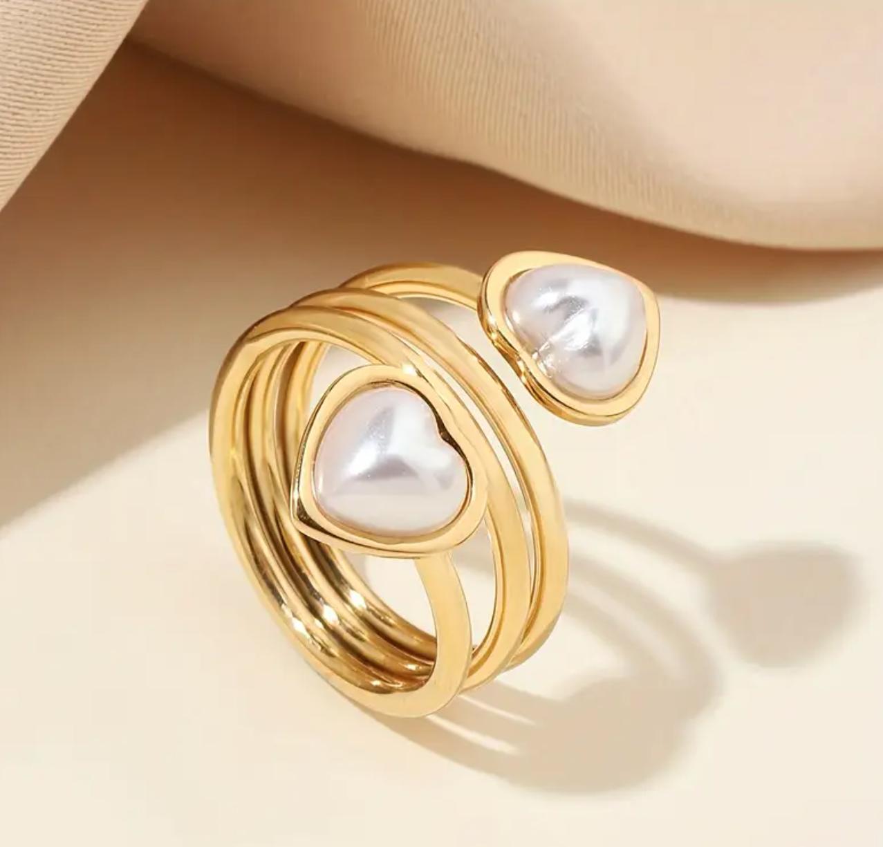 2 heart Ring - 18K Golden Plated Stainless Steel Ring with  two Hearts