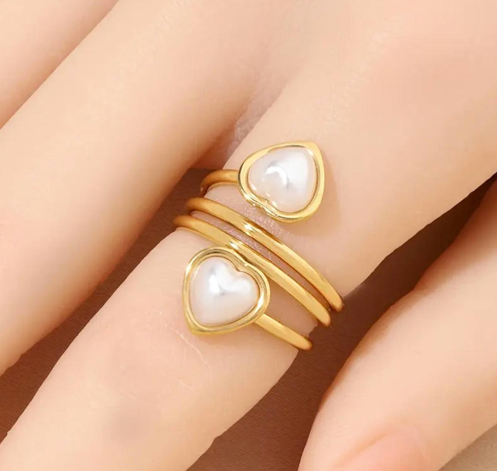 2 heart Ring - 18K Golden Plated Stainless Steel Ring with  two Hearts