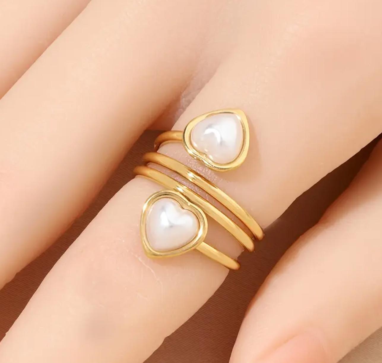 2 heart Ring - 18K Golden Plated Stainless Steel Ring with  two Hearts