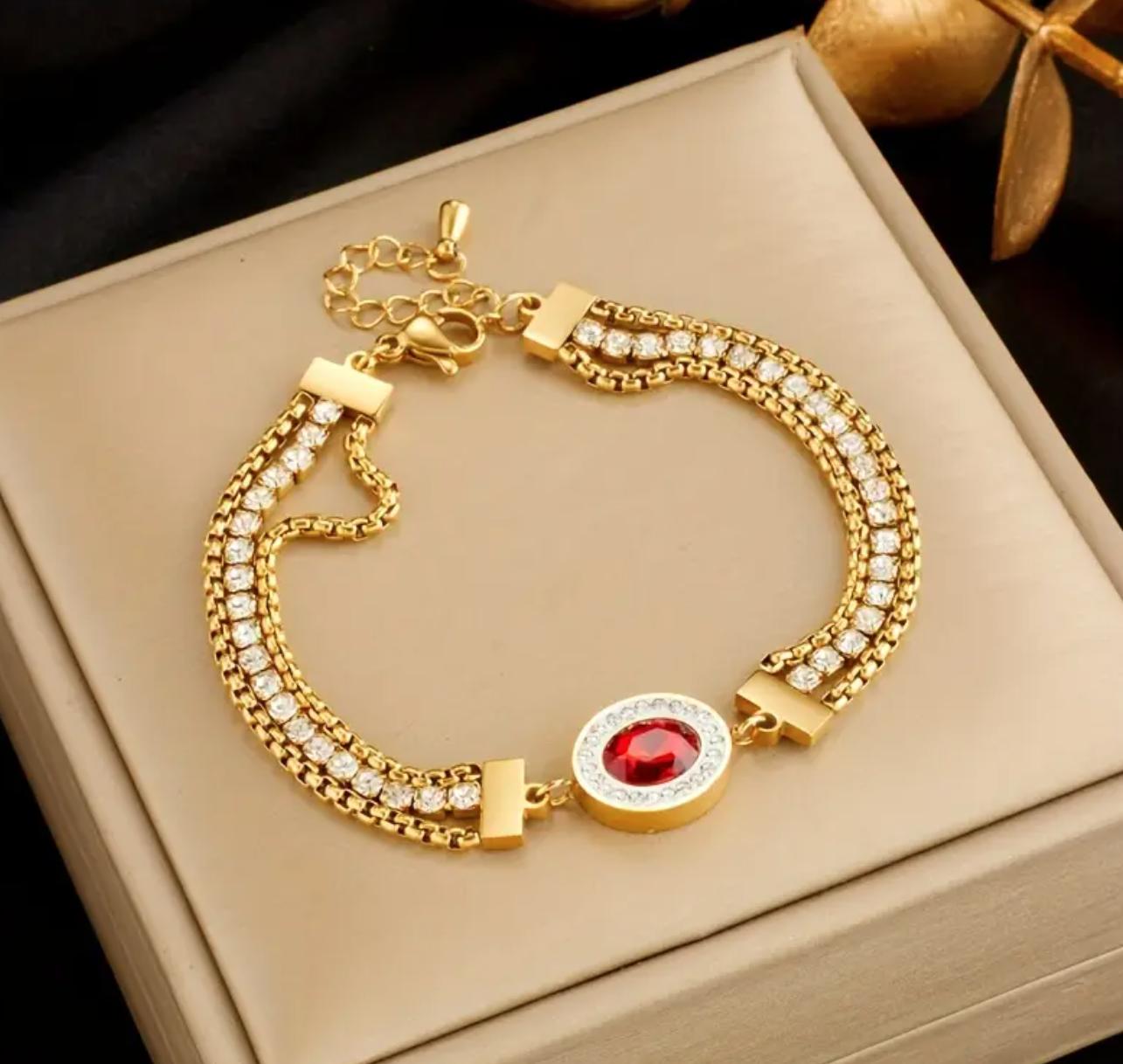 Rosa Bracelet - Stainless Steel Chain with Red Glass Pendant - Elegant Fashion Jewelry for Daily Wear